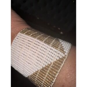 Beaded Cuff Bracelet‎ Gold White Boho Adjustable